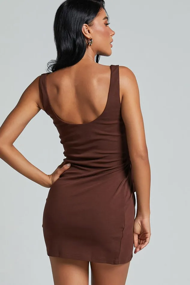 Angeni Mini Dress 8211 Scoop Neck Wrap Dress In Dark Oak Women Showpo Basics