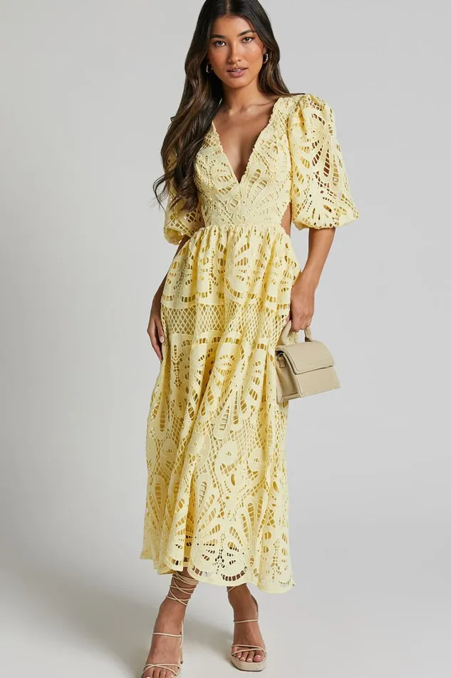 Anieshaya Midi Dress 8211 V Neck Cut Out Lace Dress In Lemon Women Showpo Dresses