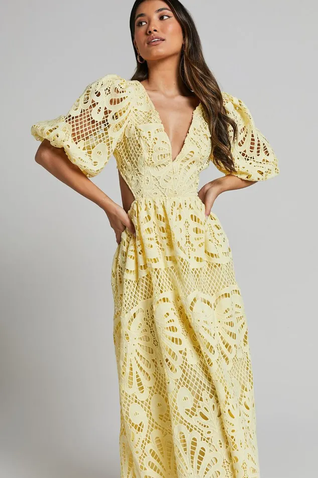 Anieshaya Midi Dress 8211 V Neck Cut Out Lace Dress In Lemon Women Showpo Dresses