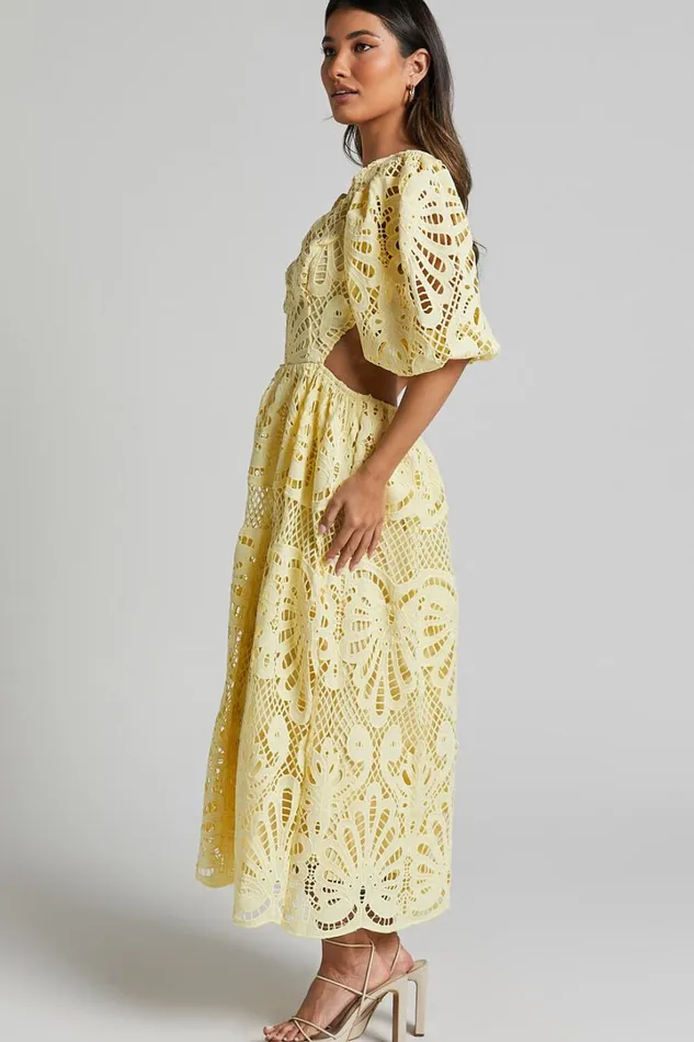 Anieshaya Midi Dress 8211 V Neck Cut Out Lace Dress In Lemon Women Showpo Dresses