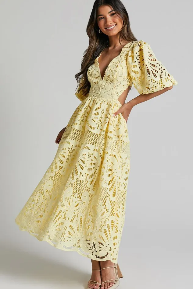 Anieshaya Midi Dress 8211 V Neck Cut Out Lace Dress In Lemon Women Showpo Dresses