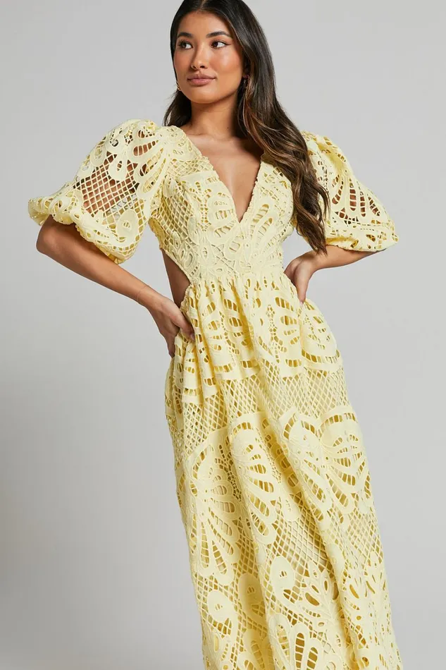 Anieshaya Midi Dress 8211 V Neck Cut Out Lace Dress In Lemon Women Showpo Dresses