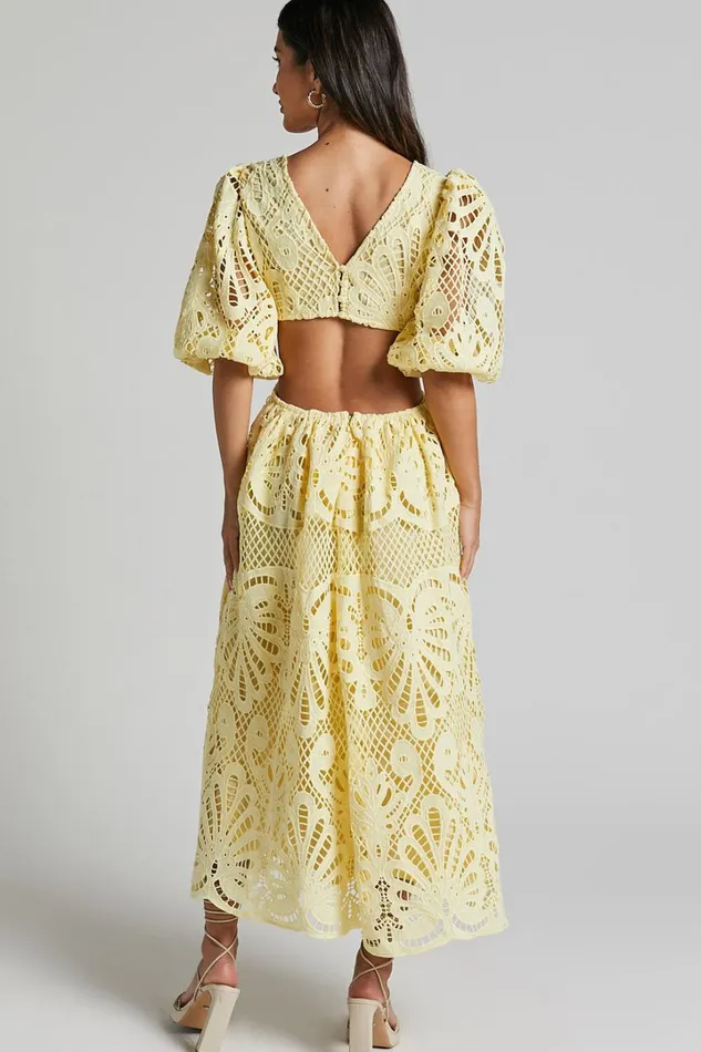 Anieshaya Midi Dress 8211 V Neck Cut Out Lace Dress In Lemon Women Showpo Dresses