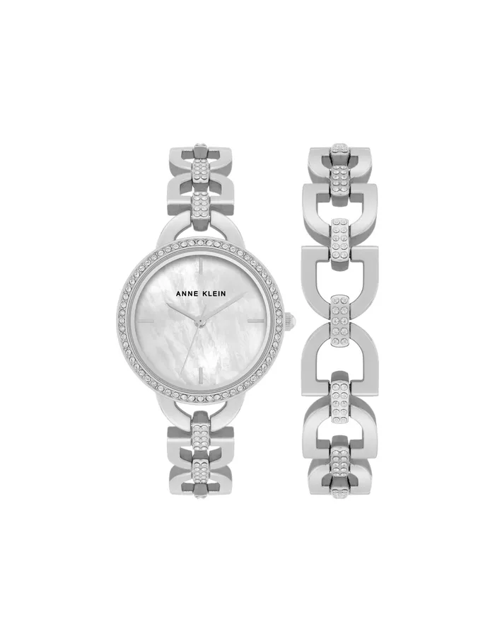 Anne Klein DLink Crystal Bracelet Watch Set Silvertone Women Watches 038 Jewelry