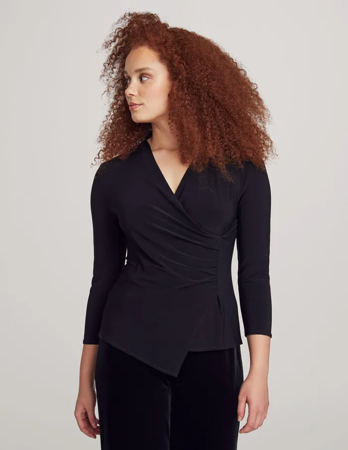 Anne Klein Gathered Asymmetric Wrap Top Anne Black Women Clothing