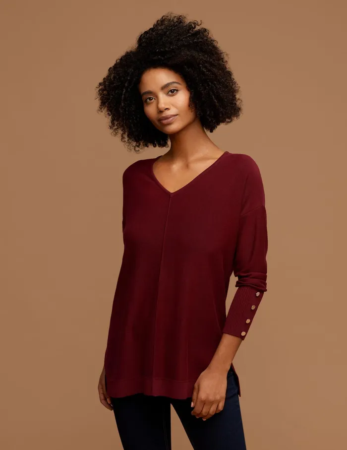 Anne Klein V Neck Long Sleeve With Buttons Chianti Women Clothing