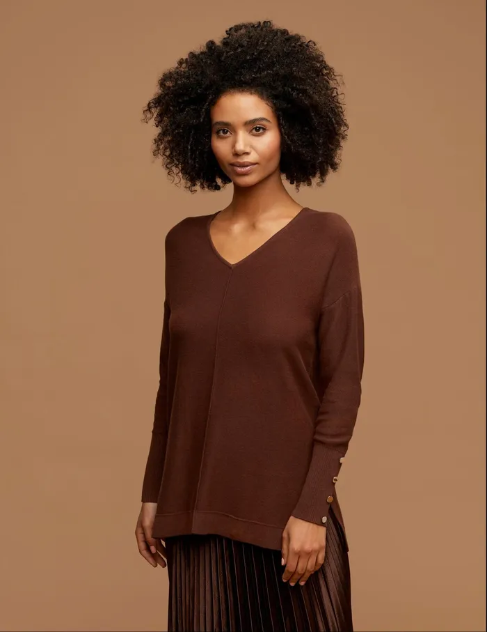 Anne Klein V Neck Long Sleeve With Buttons Espresso Women Clothing