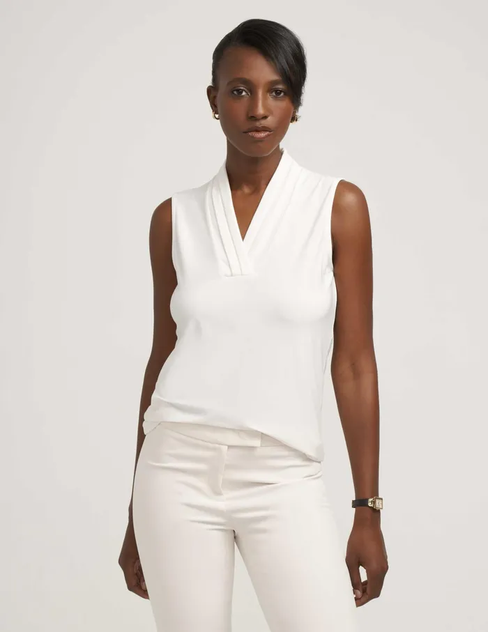 Anne Klein VNeck Triple Pleat Top Anne White Women Clothing