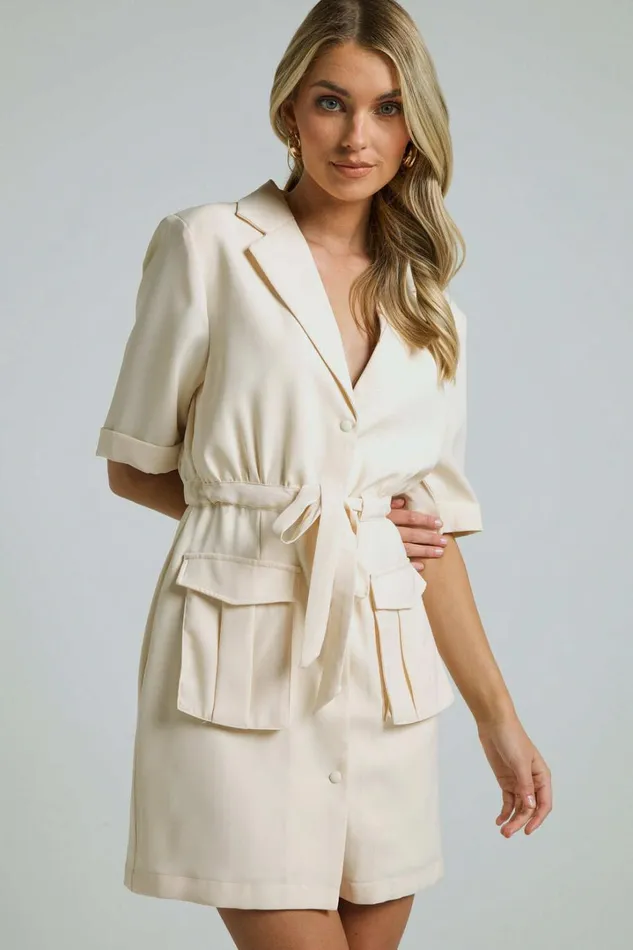 Aphra Wrap Mini Dress 8211 Short Sleeve V Neck Tie Waist Mini Dress In Cream Women Showpo Dresses