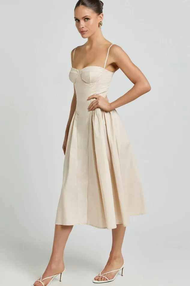 April Midi Dress 8211 Sweetheart Wide Pleated Dress In Cream Women Showpo Dresses