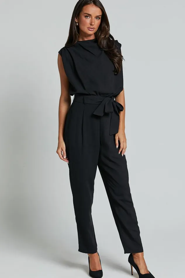 Arianae Jumpsuit 8211 High Neck Tie Waist Jumpsuit In Black Women Showpo Jumpsuits