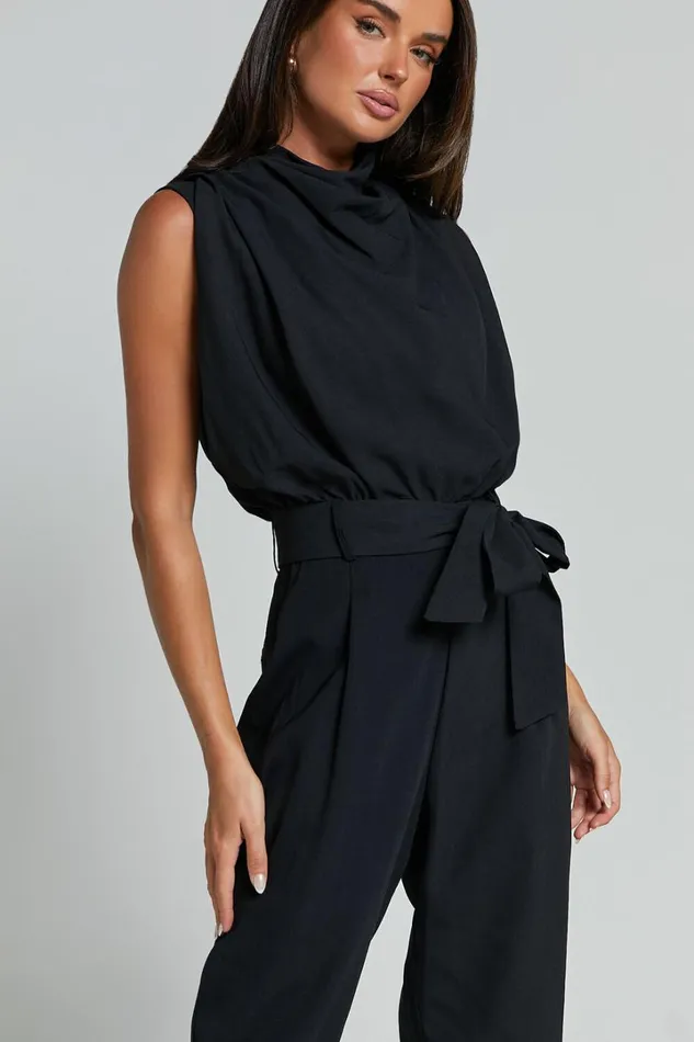 Arianae Jumpsuit 8211 High Neck Tie Waist Jumpsuit In Black Women Showpo Jumpsuits