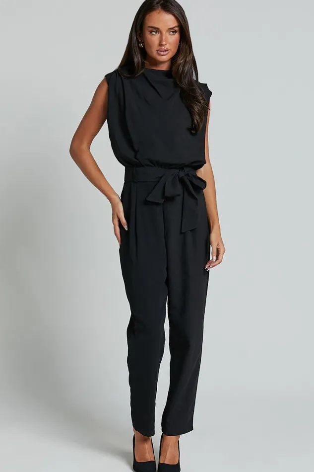 Arianae Jumpsuit 8211 High Neck Tie Waist Jumpsuit In Black Women Showpo Jumpsuits