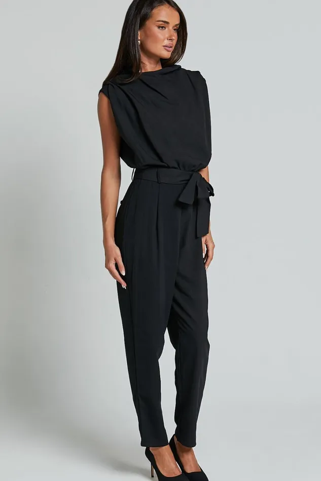 Arianae Jumpsuit 8211 High Neck Tie Waist Jumpsuit In Black Women Showpo Jumpsuits