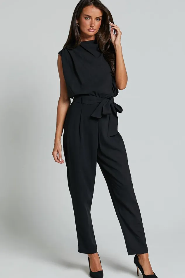 Arianae Jumpsuit 8211 High Neck Tie Waist Jumpsuit In Black Women Showpo Jumpsuits