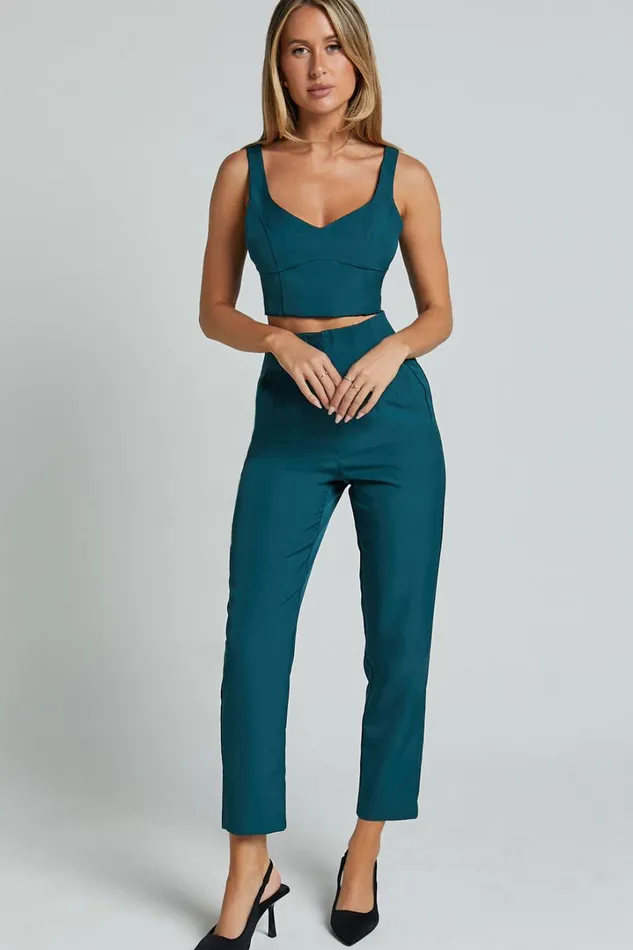 Armanda Two Piece Set 8211 Crop Top And High Waisted Straight Leg Pants Set In Deep Green Women Showpo Curve Clothes