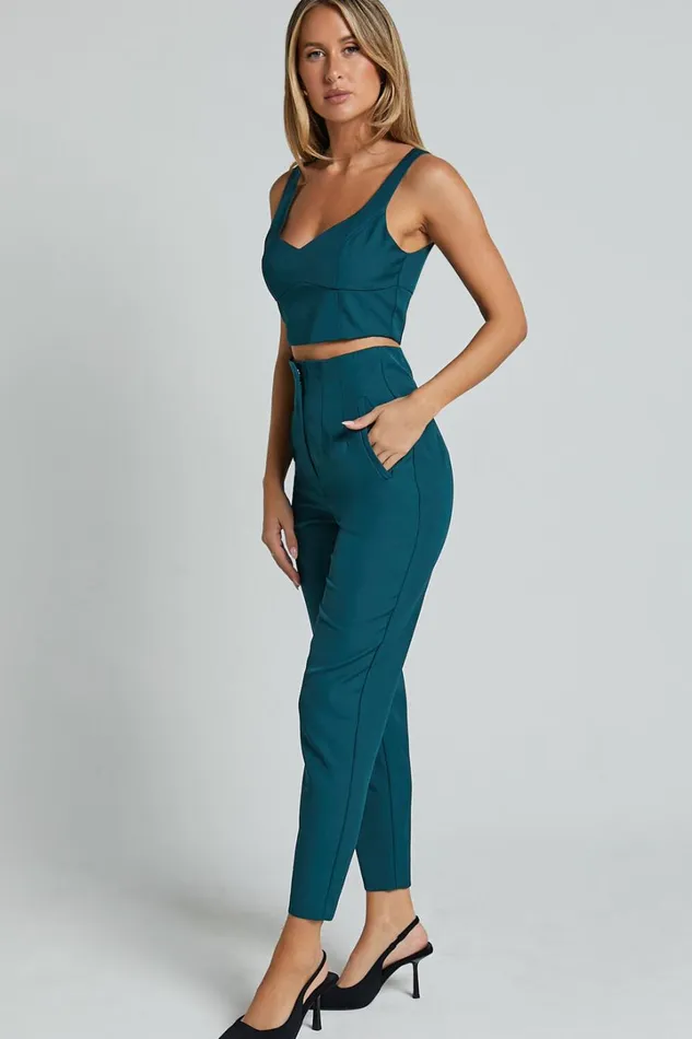Armanda Two Piece Set 8211 Crop Top And High Waisted Straight Leg Pants Set In Deep Green Women Showpo Curve Clothes