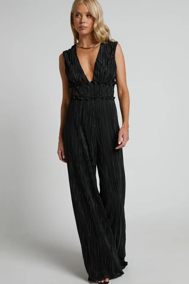 Armida Jumpsuit 8211 Plunge Neck Wide Leg Plisse Jumpsuit In Black Women Showpo Jumpsuits