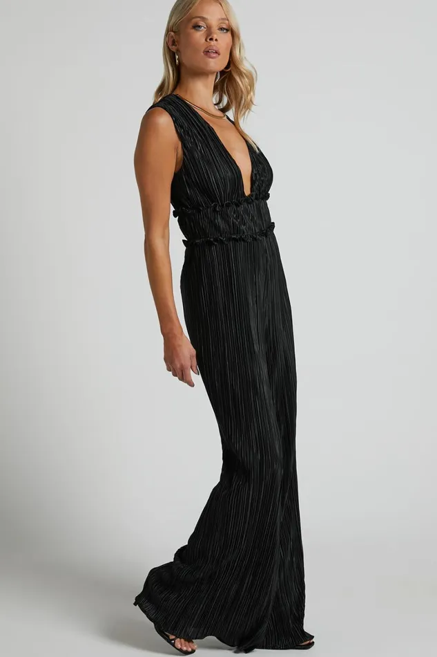 Armida Jumpsuit 8211 Plunge Neck Wide Leg Plisse Jumpsuit In Black Women Showpo Jumpsuits