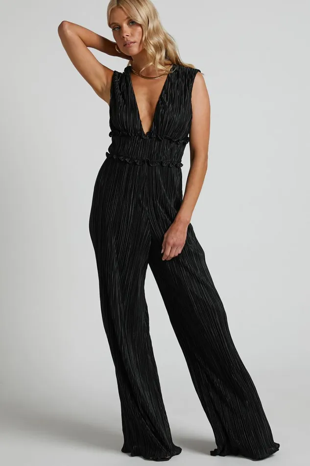 Armida Jumpsuit 8211 Plunge Neck Wide Leg Plisse Jumpsuit In Black Women Showpo Jumpsuits