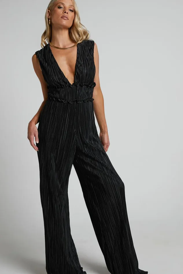 Armida Jumpsuit 8211 Plunge Neck Wide Leg Plisse Jumpsuit In Black Women Showpo Jumpsuits
