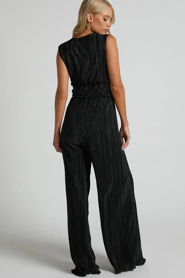 Armida Jumpsuit 8211 Plunge Neck Wide Leg Plisse Jumpsuit In Black Women Showpo Jumpsuits