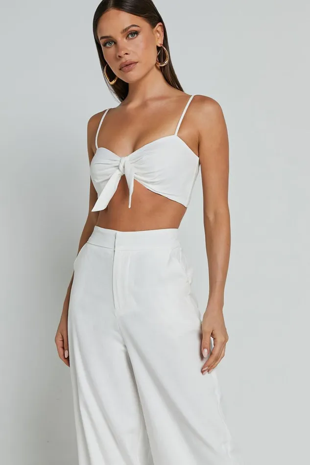 Astria Two Piece Set 8211 Tie Top And High Waisted Wide Leg Pants Set In White Women Showpo Dresses