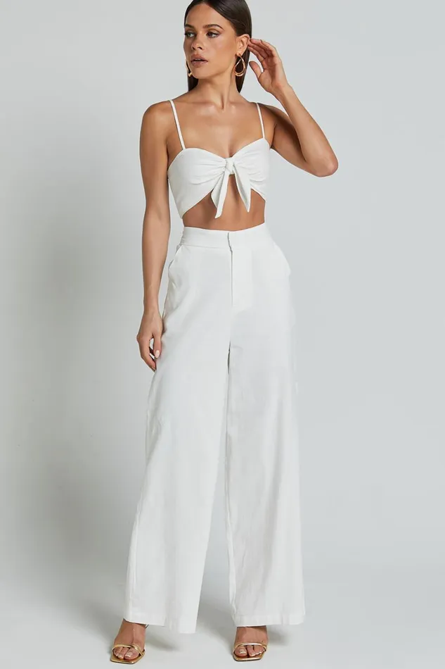 Astria Two Piece Set 8211 Tie Top And High Waisted Wide Leg Pants Set In White Women Showpo Dresses