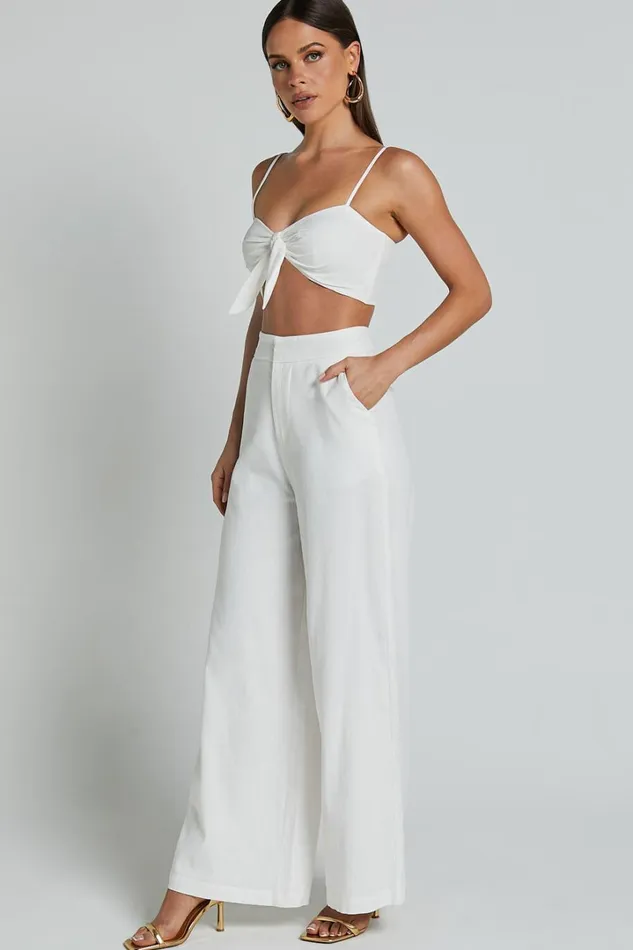 Astria Two Piece Set 8211 Tie Top And High Waisted Wide Leg Pants Set In White Women Showpo Dresses