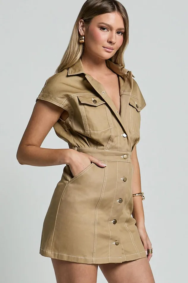 Audette Mini Dress 8211 Short Sleeve Button Through Dress In Brown Women Showpo Conscious