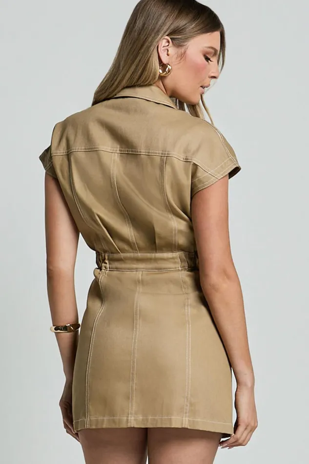 Audette Mini Dress 8211 Short Sleeve Button Through Dress In Brown Women Showpo Conscious