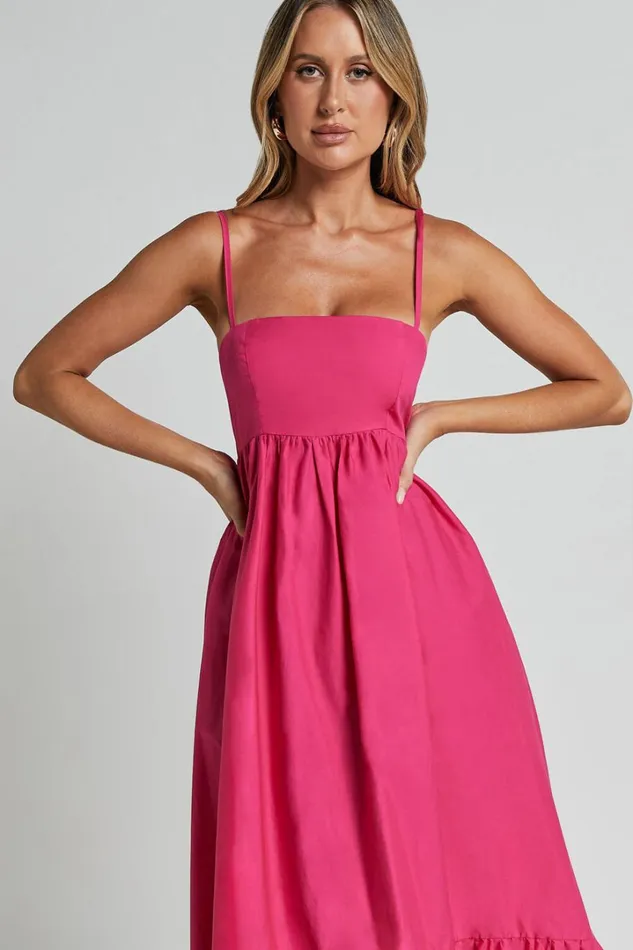 Aveiro Midi Dress 8211 Straight Neck Shoulder Tie High Low Ruffle Hem In Raspberry Women Showpo Curve Clothes