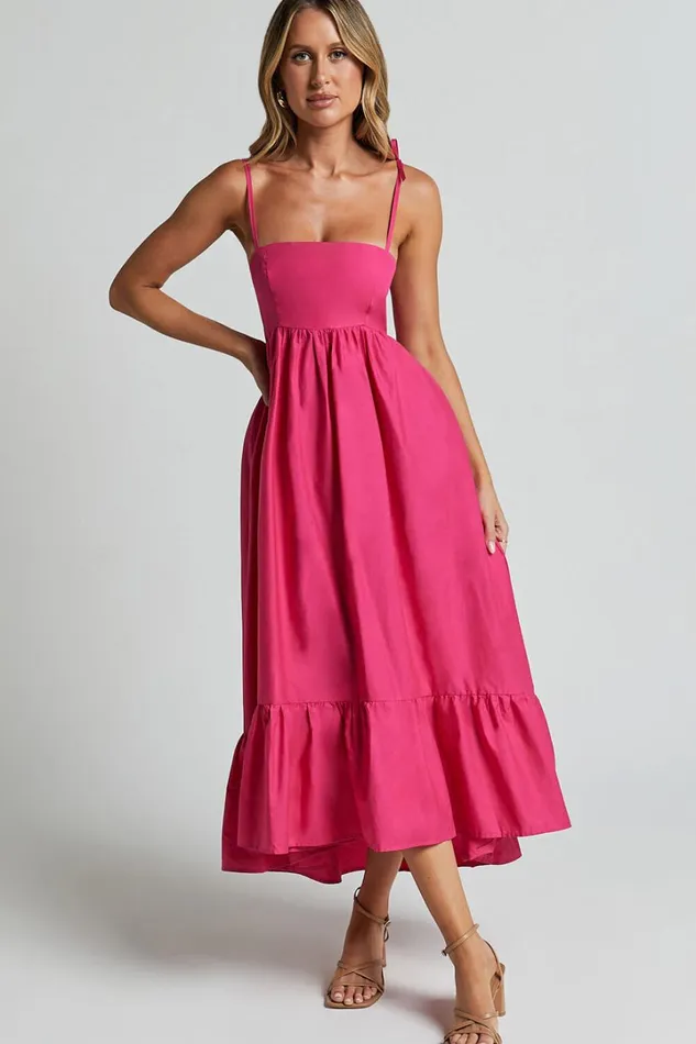 Aveiro Midi Dress 8211 Straight Neck Shoulder Tie High Low Ruffle Hem In Raspberry Women Showpo Curve Clothes