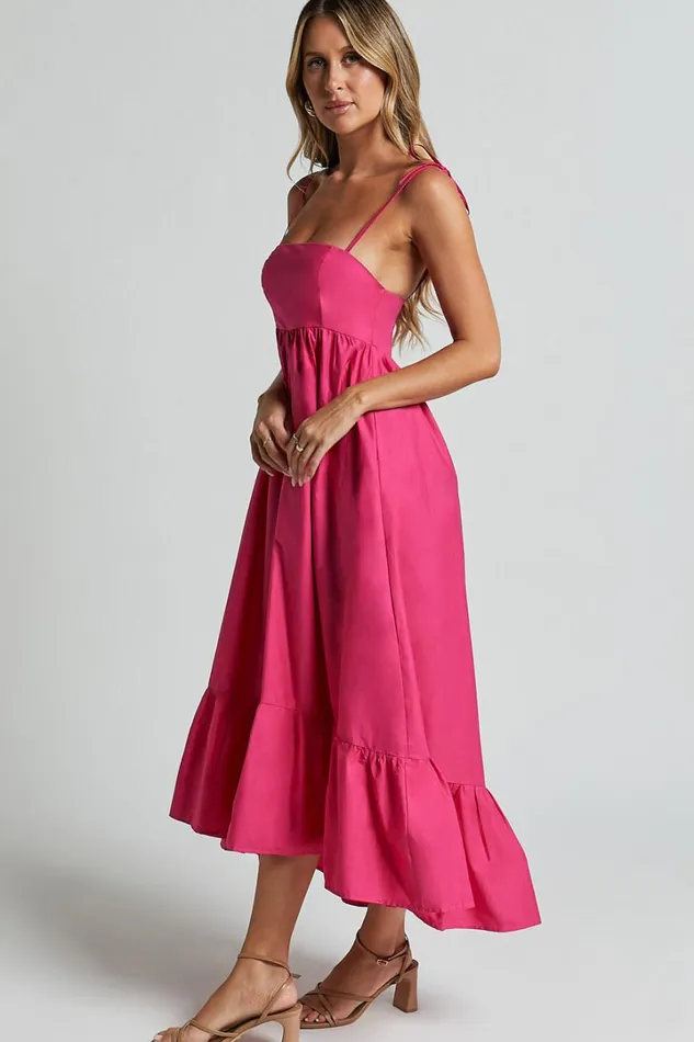 Aveiro Midi Dress 8211 Straight Neck Shoulder Tie High Low Ruffle Hem In Raspberry Women Showpo Curve Clothes