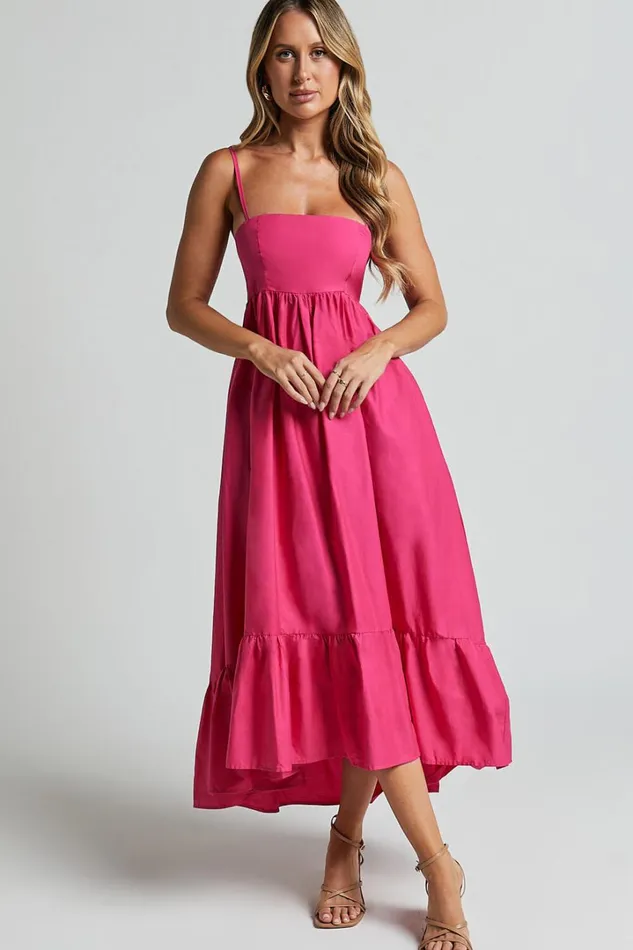 Aveiro Midi Dress 8211 Straight Neck Shoulder Tie High Low Ruffle Hem In Raspberry Women Showpo Curve Clothes