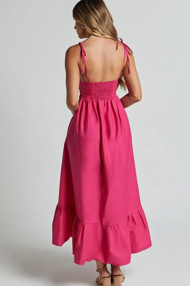 Aveiro Midi Dress 8211 Straight Neck Shoulder Tie High Low Ruffle Hem In Raspberry Women Showpo Curve Clothes