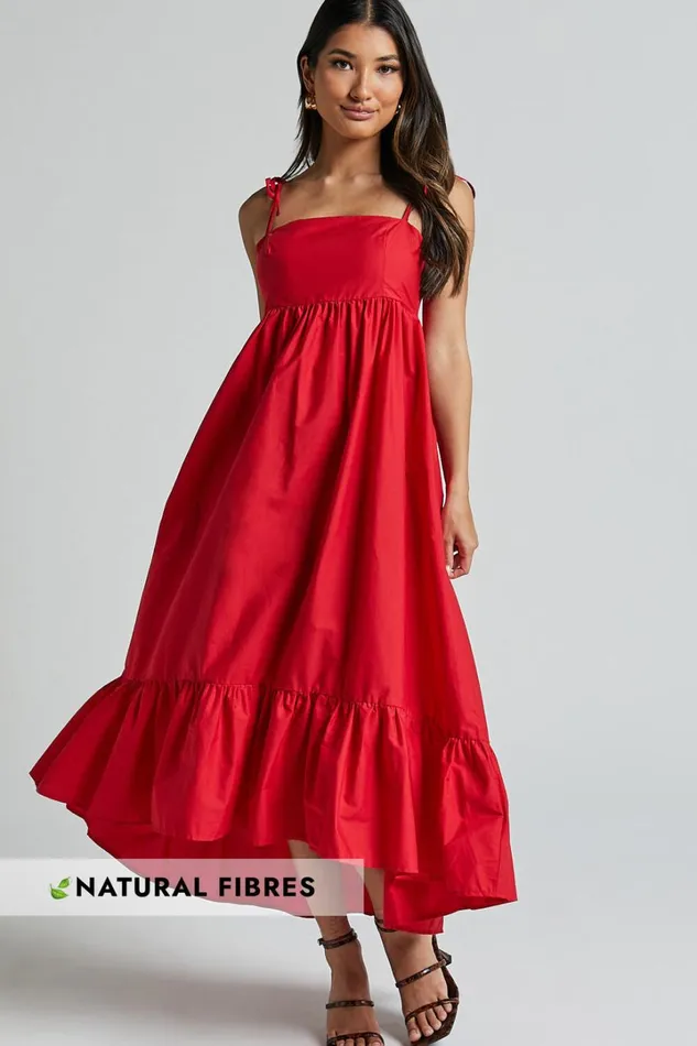Aveiro Midi Dress 8211 Straight Neck Shoulder Tie High Low Ruffle Hem In Red Women Showpo Maternity Clothes Aveiro Midi Dress 8211 Straight Neck Shoulder Tie High Low Ruffle Hem In Red Women Showpo Maternity Clothes