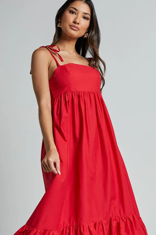 Aveiro Midi Dress 8211 Straight Neck Shoulder Tie High Low Ruffle Hem In Red Women Showpo Maternity Clothes