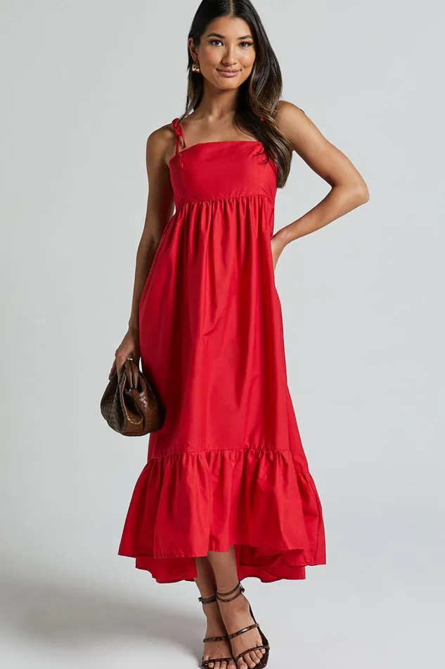 Aveiro Midi Dress 8211 Straight Neck Shoulder Tie High Low Ruffle Hem In Red Women Showpo Maternity Clothes