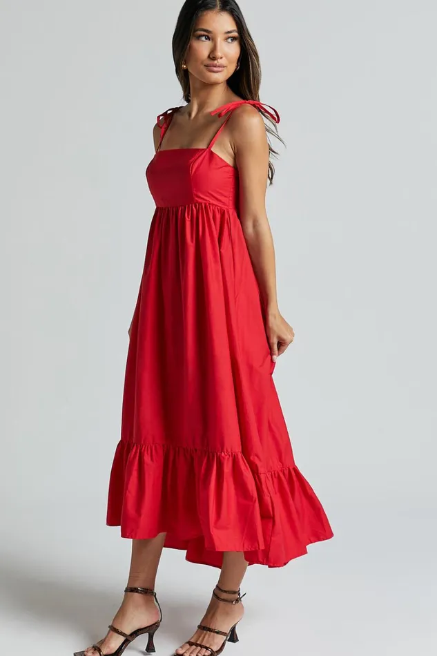 Aveiro Midi Dress 8211 Straight Neck Shoulder Tie High Low Ruffle Hem In Red Women Showpo Maternity Clothes
