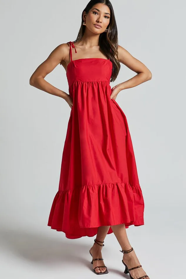 Aveiro Midi Dress 8211 Straight Neck Shoulder Tie High Low Ruffle Hem In Red Women Showpo Maternity Clothes