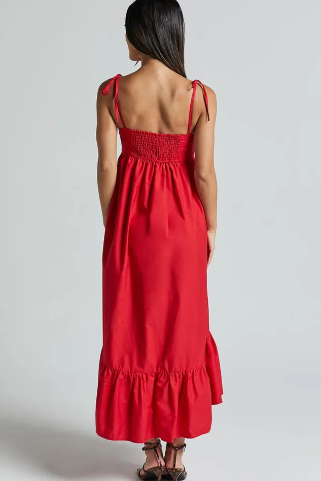 Aveiro Midi Dress 8211 Straight Neck Shoulder Tie High Low Ruffle Hem In Red Women Showpo Maternity Clothes