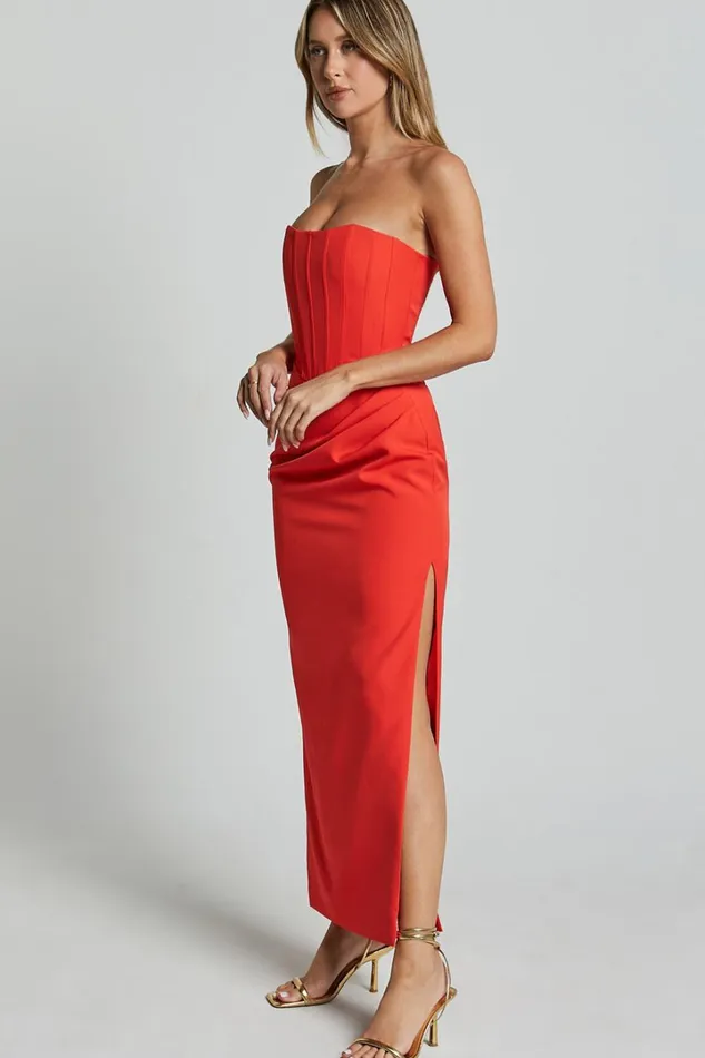 Avery Midi Dress 8211 Strapless Draped Side Split Dress In Orange Women Showpo Curve Clothes
