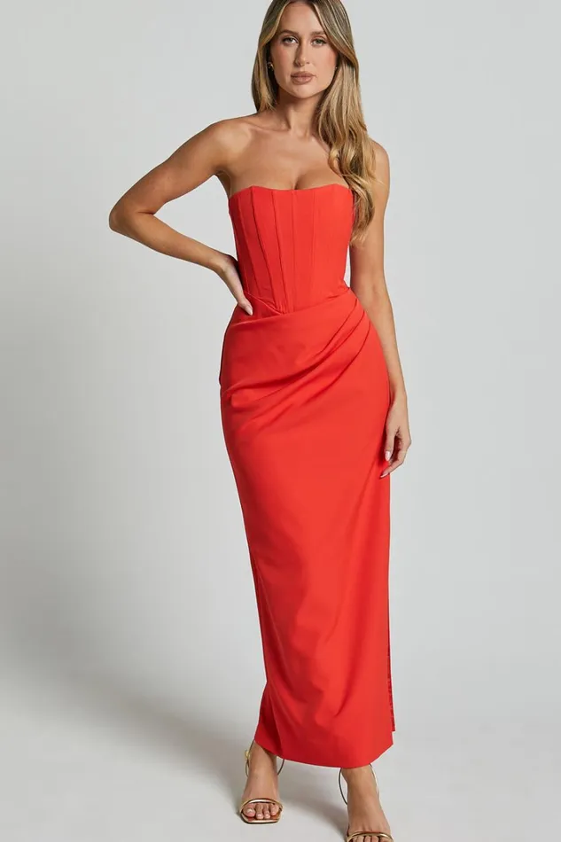 Avery Midi Dress 8211 Strapless Draped Side Split Dress In Orange Women Showpo Curve Clothes