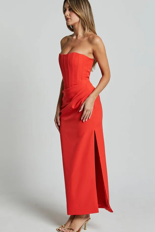 Avery Midi Dress 8211 Strapless Draped Side Split Dress In Orange Women Showpo Curve Clothes