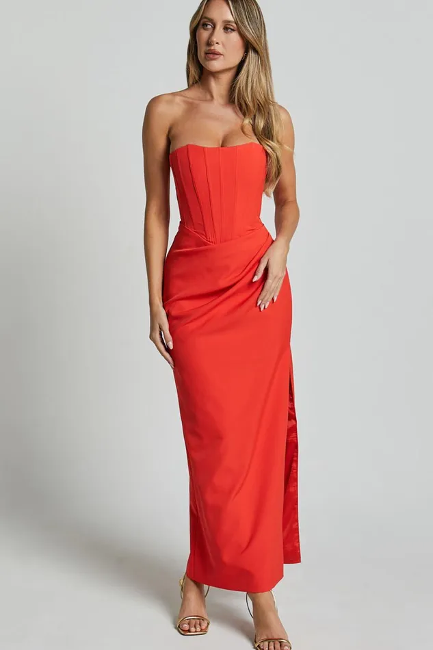 Avery Midi Dress 8211 Strapless Draped Side Split Dress In Orange Women Showpo Curve Clothes