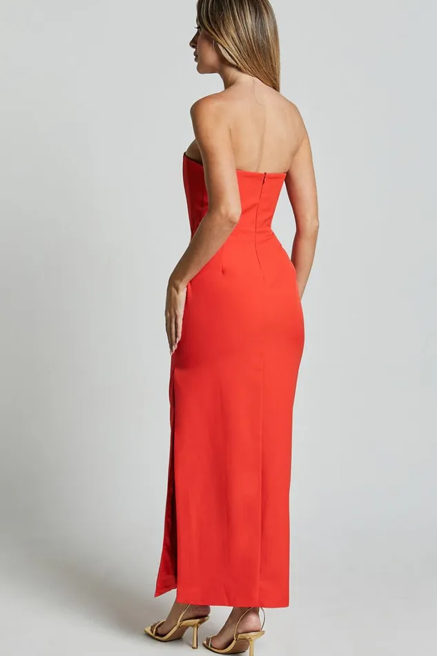 Avery Midi Dress 8211 Strapless Draped Side Split Dress In Orange Women Showpo Curve Clothes