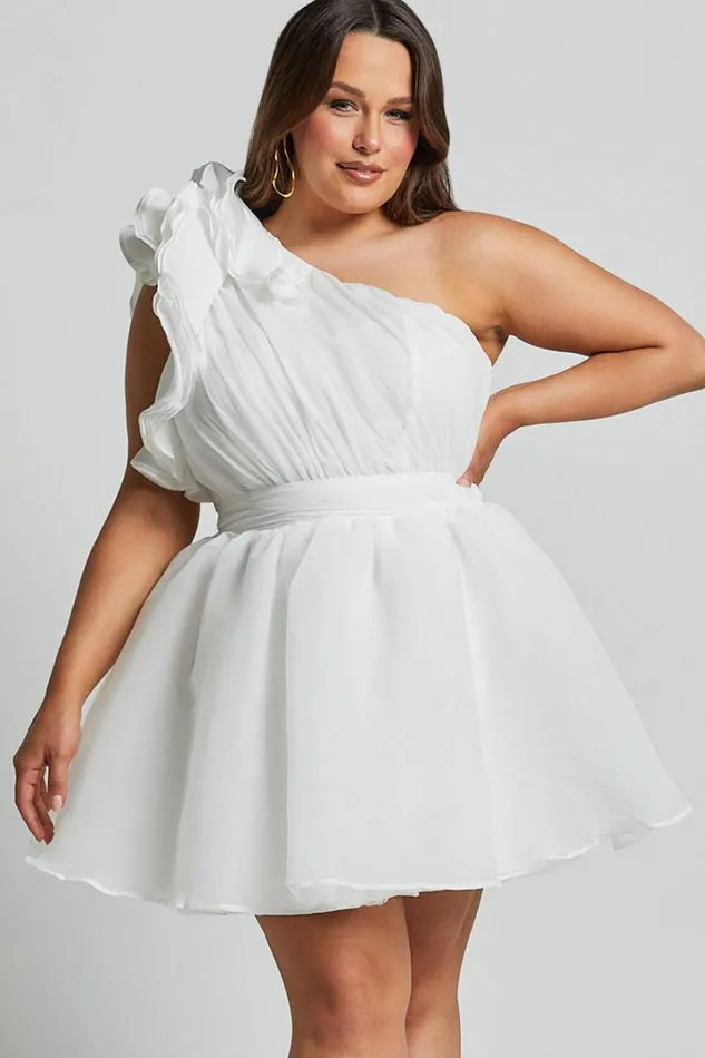 Avriella Mini Dress 8211 One Shoulder Detail Fit and Flare In Ivory Women Showpo Curve Clothes