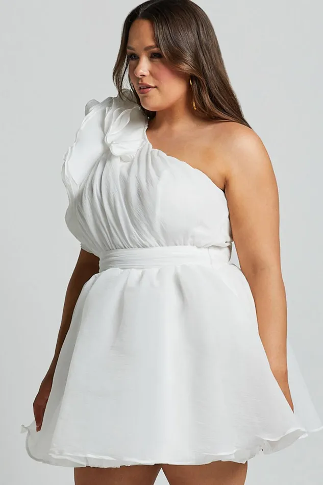 Avriella Mini Dress 8211 One Shoulder Detail Fit and Flare In Ivory Women Showpo Curve Clothes