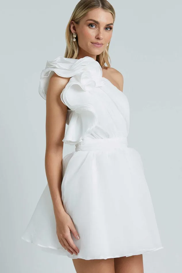 Avriella Mini Dress 8211 One Shoulder Detail Fit and Flare In Ivory Women Showpo Curve Clothes